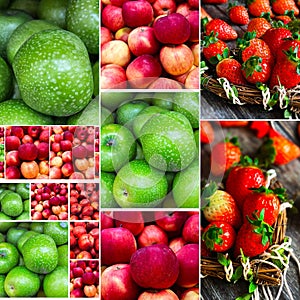 Strawberry and red green apples fruits berry  background marketplace food shopping  collage set