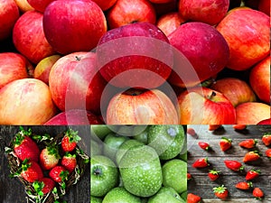 Strawberry and red green apples fruits berry  background marketplace food shopping  collage set photo