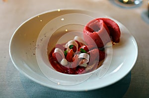 Strawberry and rhubarb premium ice cream with Anjou style cram, luxury dessert unique cuisine in VIP gastronomy restaurant photo
