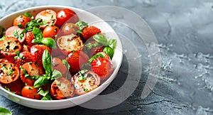 Strawberry Salad with Balsamic, classic Caprese salad in white bowl on blue background. Spring Salads