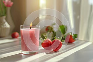 Strawberry scented candle. Romantic concept. Lit candles with strawberries and summer decorations. Generative AI