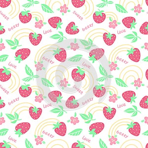 Strawberry seamless fruit pattern on white backgrownd. Vector flat illustration. Summer fruit concept