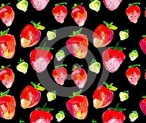 Strawberry seamless pattern on black background.