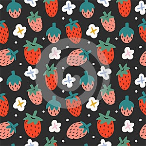 Strawberry seamless pattern on black background, fruit ornament with hand drawn illustration of berries with blooming