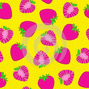Strawberry seamless pattern. Bright pop art. Hand drawing.