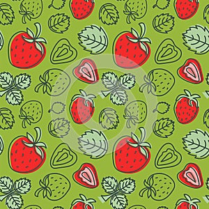 Strawberry seamless pattern. Hand drawn fresh berry. Multicolored vector sketch background. Colorful doodle wallpaper. Red and gr