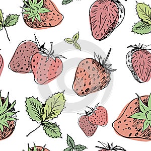 Strawberry seamless pattern. Hand-drawn red strawberry berries with green leaves without background. Wallpaper pattern