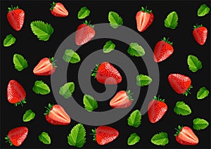 Strawberry seamless pattern isolated on black background, vector