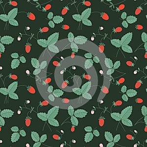 Strawberry seamless pattern. Leaves and berries of wild strawberries in a simple flat style on a dark background.