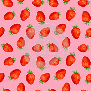 Strawberry seamless pattern. Many red strawberries on a pink background drawn by gouache. Design for cosmetics, health