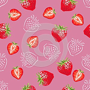 Strawberry seamless pattern on red background. Vector illustration of ripe berries