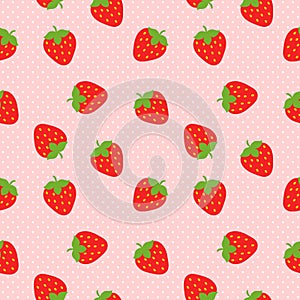 Strawberry seamless pattern. Repeatable background. With pink small polkadot background. Vector illustration.