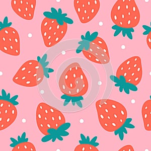 Strawberry seamless pattern. Simple summer berry ornament. Doodle, flat, hand drawn texture for wallpaper, textile, fabric, paper