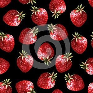 Strawberry seamless pattern. Summer forest berries texture on black background