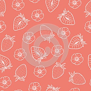 Strawberry seamless pattern, vector strawberries white line art illustration on pink background, hand drawn botanical outline