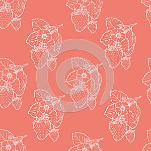 Strawberry seamless pattern, vector strawberries white line art illustration on pink background, hand drawn botanical outline