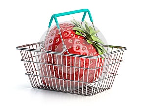 Strawberry in a shopping basket. Buying grocery and fruit, sex shop concept