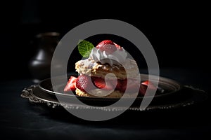 Strawberry shortcake with dollop of whipped cream basil leaves decorated on sleek black plate, dark background, generative AI