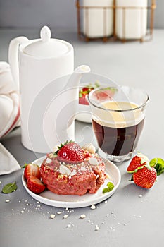 Strawberry shortcake donuts with coffee