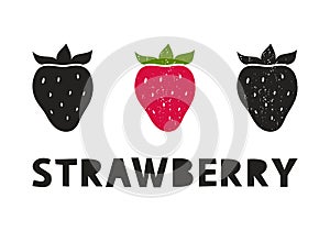 Strawberry, silhouette icons set with lettering. Imitation of stamp, print with scuffs