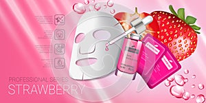 Strawberry skin care mask ads. Vector Illustration with strawberry smoothing mask and serum