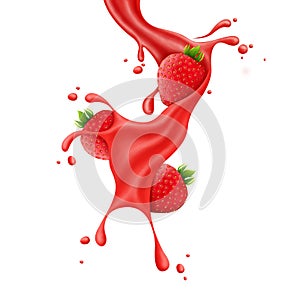 Strawberry slice juice splash realistic illustration berry fruit liquid, summer tropical vacation drink liquid flowing in motion,