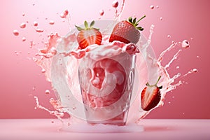 Strawberry smoothie frappe effect swirling wave strawberry milk splash around glass. Generative AI