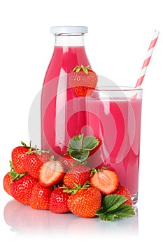 Strawberry smoothie fruit juice drink strawberries glass and bottle isolated on white