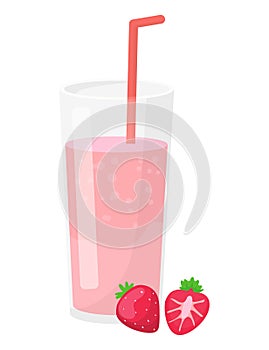 Strawberry smoothie in a glass with a straw, two whole and cut strawberries aside. Refreshing fruit drink and healthy