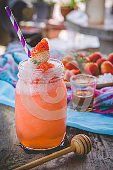 Strawberry smoothie juice , on topping honey tasty for summer o