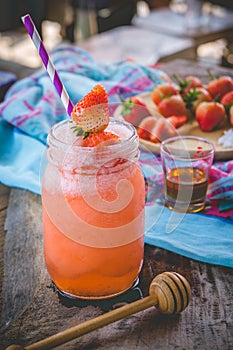 Strawberry smoothie juice , on topping honey tasty for summer o