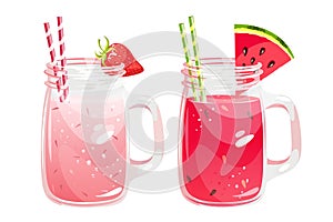 Strawberry smoothie and watermelon smoothie in jars with straws.