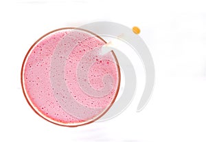 Strawberry smoothies colorful fruit juice beverage healthy  on white wood background from the top view