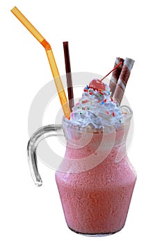 Strawberry smoothies milkshake with whip cream and cherry for topping isolated on white background. Clipping Path Selection