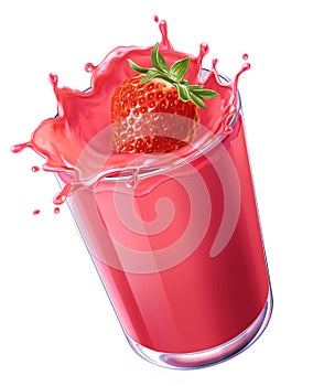 Strawberry splashing in a creamy red liquid.