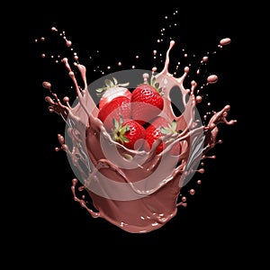 Strawberry Splashing into Dark Milk Chocolate. AI