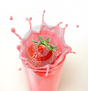 Strawberry splashing into a glass full of milkshake.