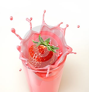 Strawberry splashing into a glass full of milkshake. photo