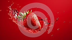 Strawberry splashing into water on a red background with copy space for text