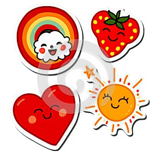 Strawberry, sun, heart and cloud. Cute cartoon sticker. isolated on transparent background.