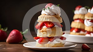 Strawberry tartlets with whipped cream and fresh strawberries on wooden table