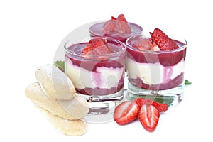 Strawberry tiramissu in glass and  biscuit