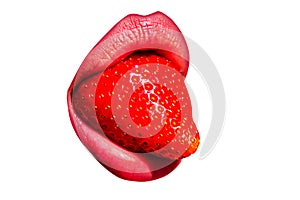 Strawberry tongue, erotica. Sexy woman mouth, passion lick and sensual suck. Summer fruits cocktail, temptation passion photo