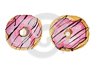 Strawberry topping on donuts. Illustration watercolor paint on white isolate background