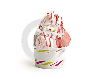 Strawberry, vanilla, chocolate flavor ice cream scoops on white background, Clipping Path