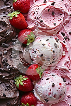 strawberry vanilla chocolate ice cream. Selective focus.
