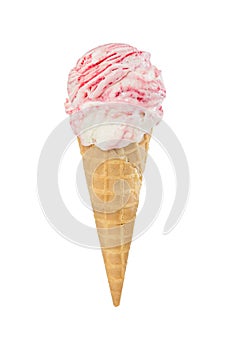 Strawberry-vanilla ice cream in waffle cone isolated on white