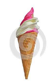 Strawberry and vanilla soft serve ice cream isolated on white