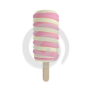 strawberry and vanilla swirl ice cream dessert with a popsicle stick isolated on white background