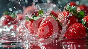 Strawberry water poster, splash of water, Solid color background, AI generated